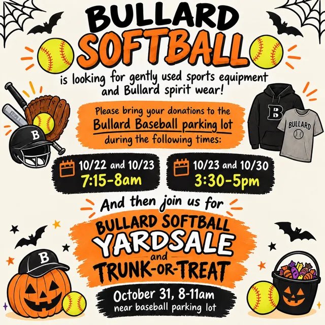 Halloween-themed flyer for the Bullard Softball donation drive, yard sale and trunk-or-treat. All details on the flyer are written out on this page.